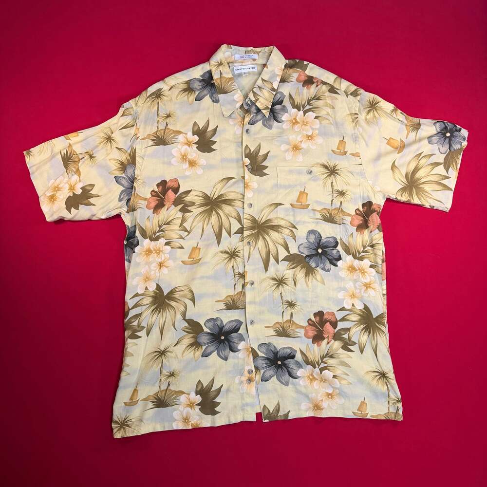 Vintage Pierre Cardin‎ Hawaiian Shirt Hibiscus 100% Rayon Mens Yellow size Large